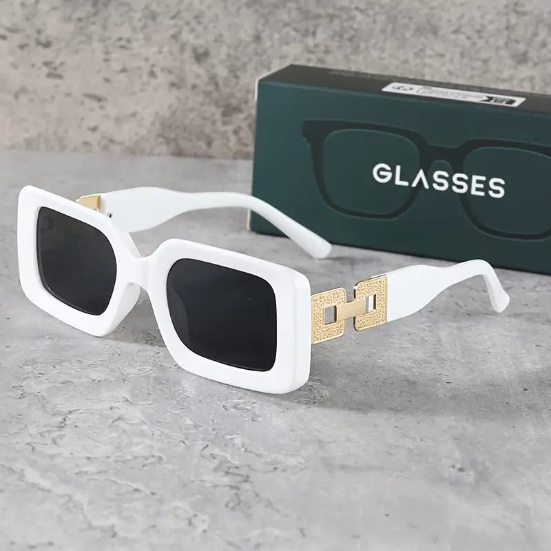 Square Fashion Sunglasses, Gold Chain Accent, UV Protection, 3 Colors, Available in White, Black, Grey