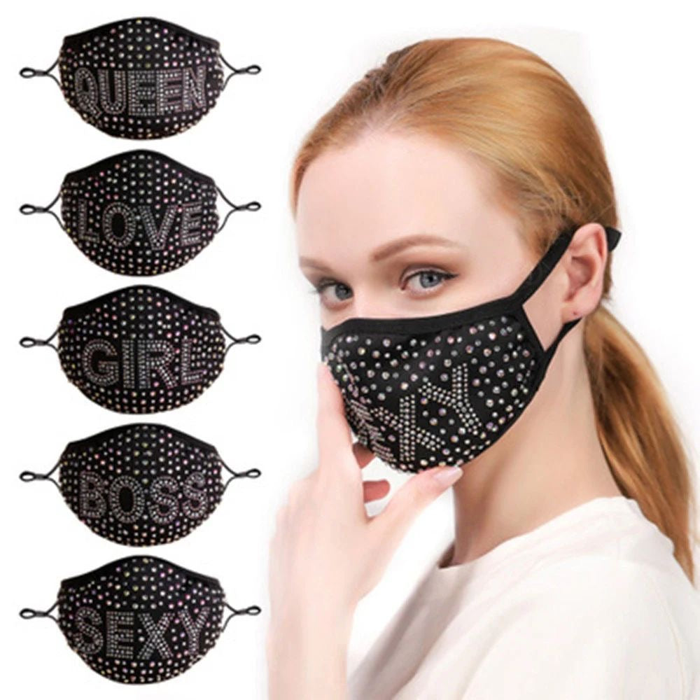 Luxury Rhinestone Inscribed Fashionable, Washable, Reusable Protective Bling Face Masks with Adjustable Ear Loops
