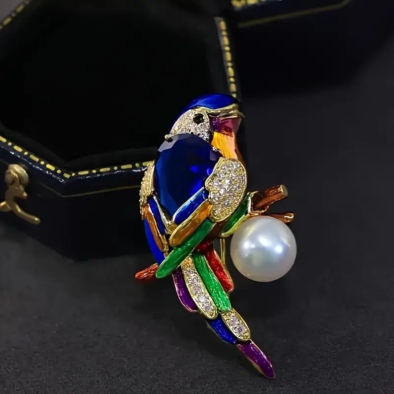 Luxury Parrot Brooch Pin, Rhinestone Crystal with Pearl, Blue and Green Gemstone Bird Design, Gold-Tone