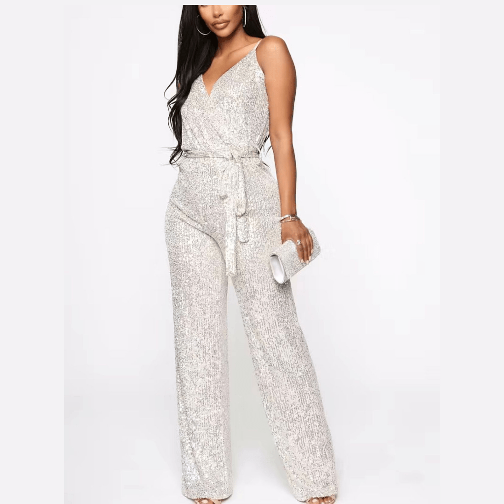 Silver Sequined Belted Jumpsuit