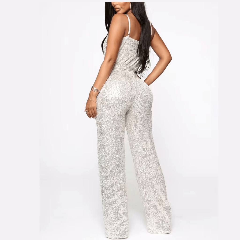 Silver Sequined Belted Jumpsuit