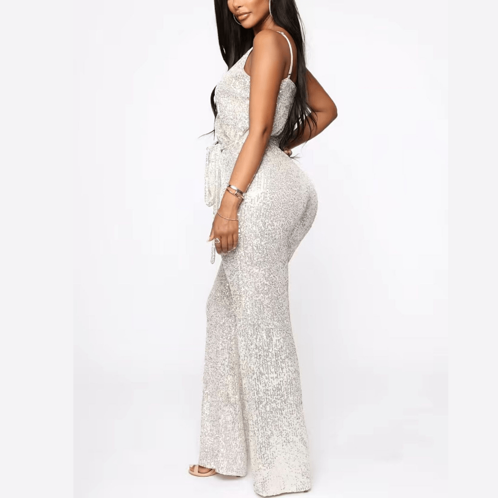 Silver Sequined Belted Jumpsuit