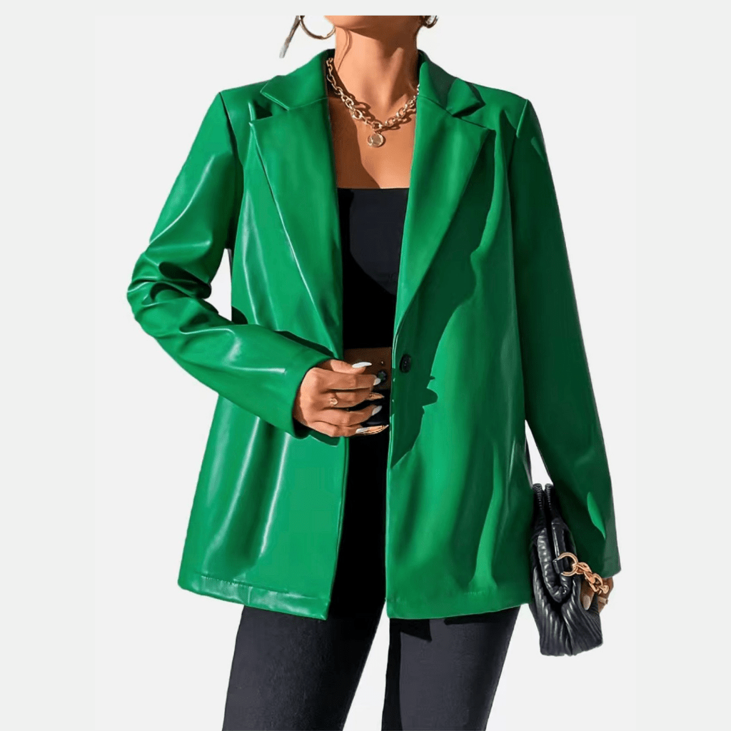 Solid Green V Neck Lapel Long Sleeve Button Blazer Jacket