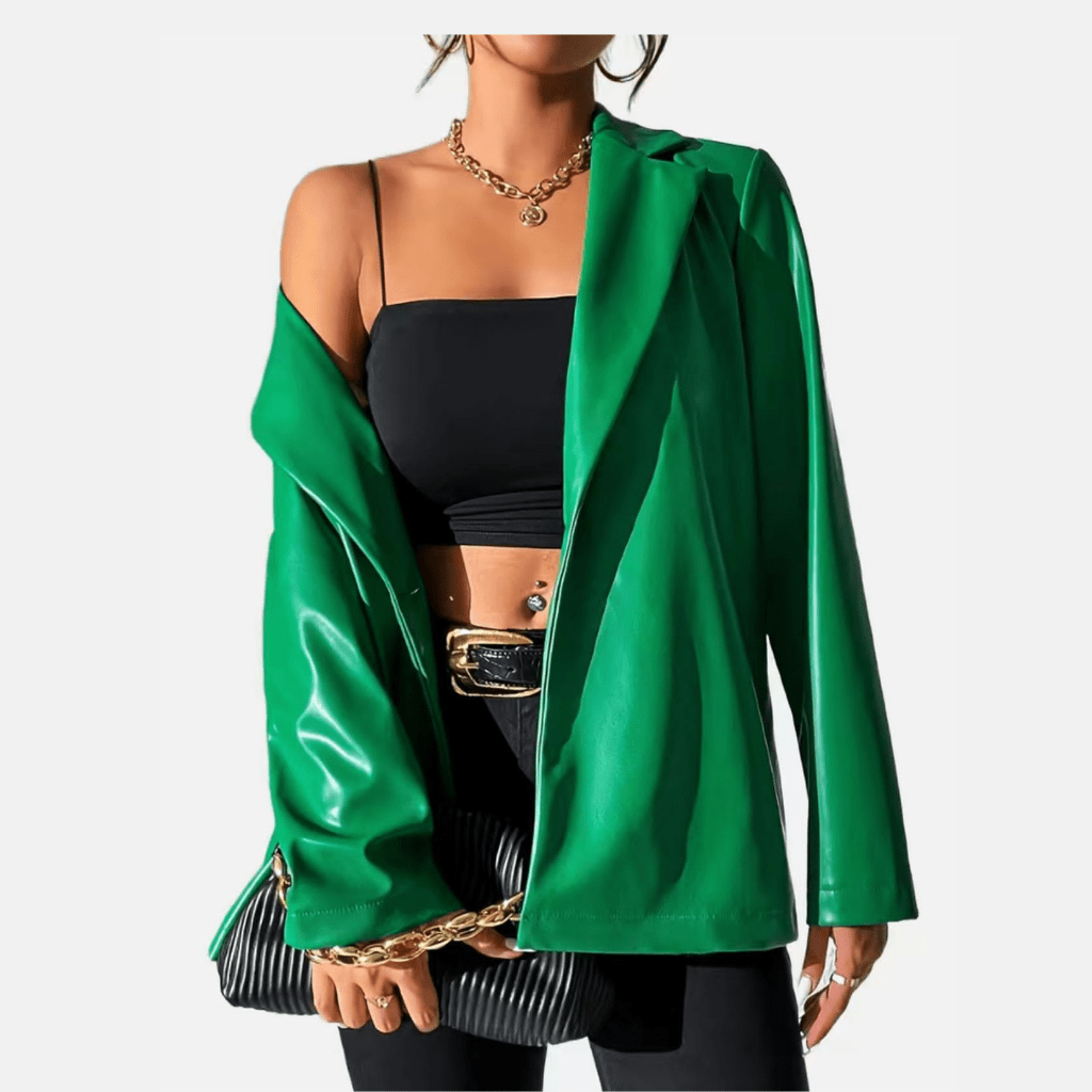 Solid Green V Neck Lapel Long Sleeve Button Blazer Jacket