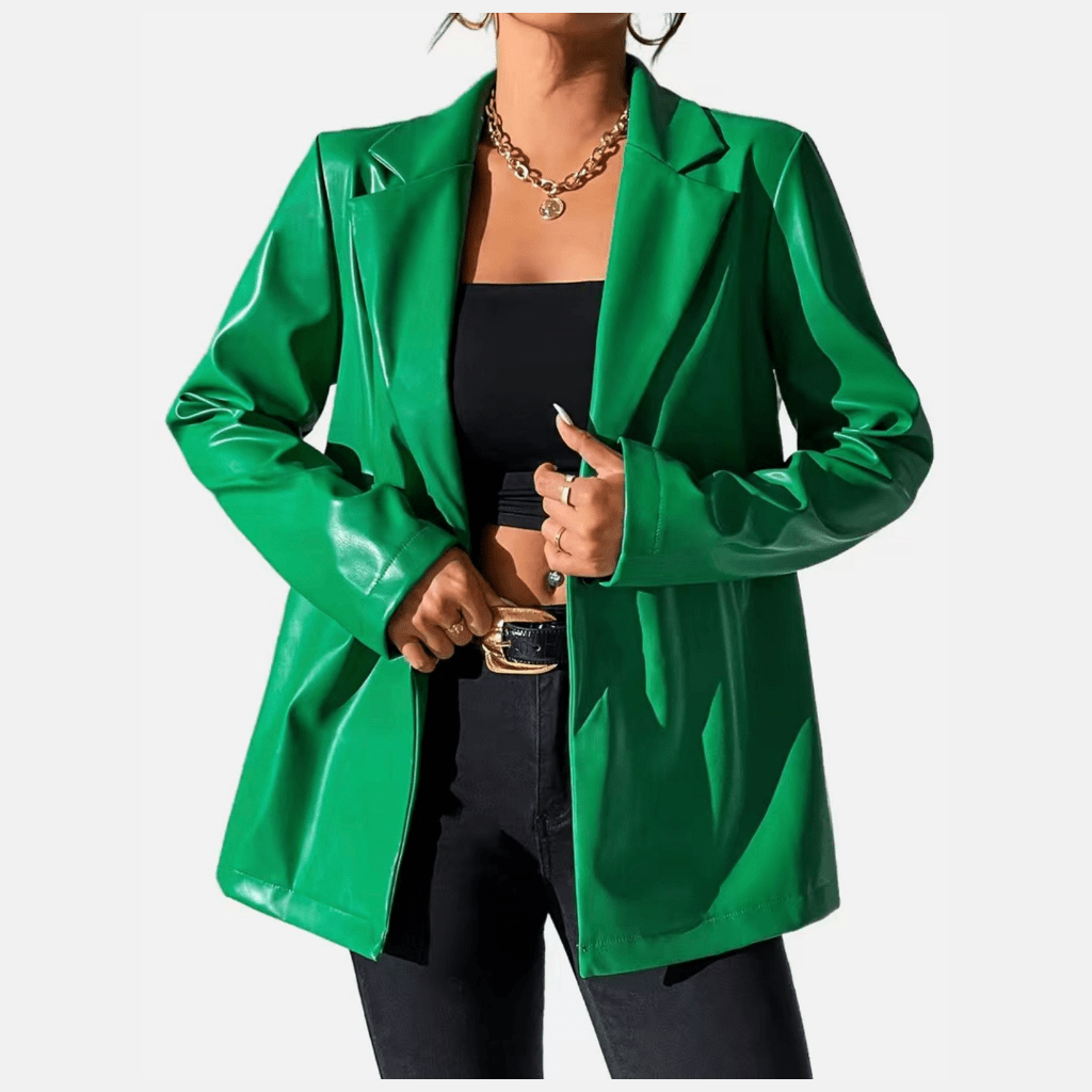 Solid Green V Neck Lapel Long Sleeve Button Blazer Jacket