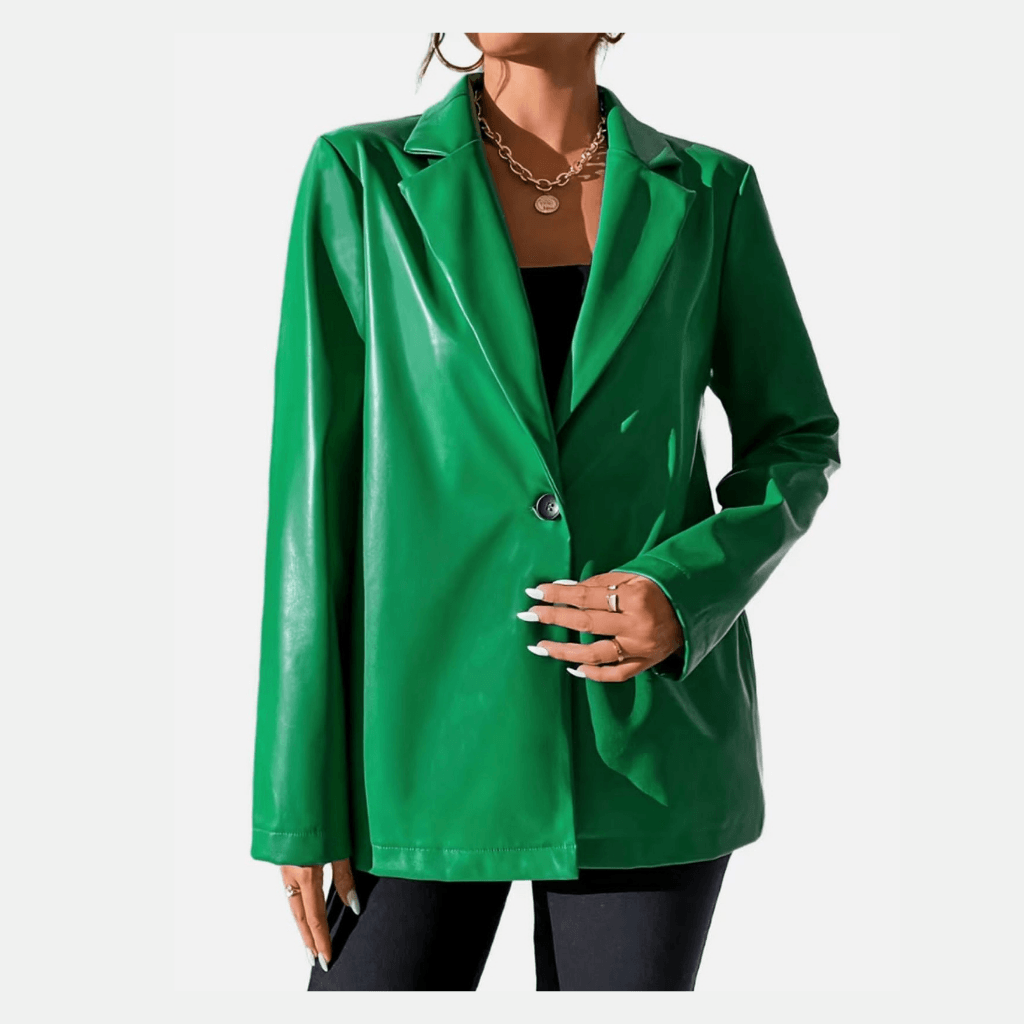 Solid Green V Neck Lapel Long Sleeve Button Blazer Jacket