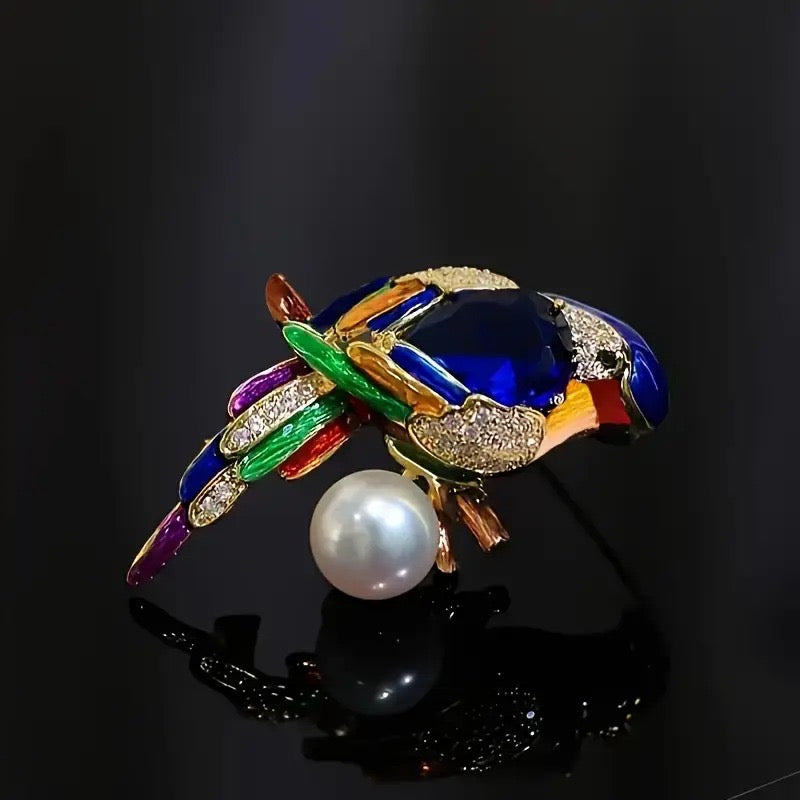 Luxury Parrot Brooch Pin, Rhinestone Crystal with Pearl, Blue and Green Gemstone Bird Design, Gold-Tone