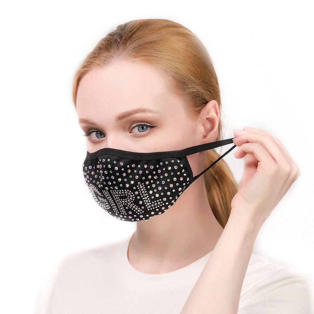 Luxury Rhinestone Inscribed Fashionable, Washable, Reusable Protective Bling Face Masks with Adjustable Ear Loops