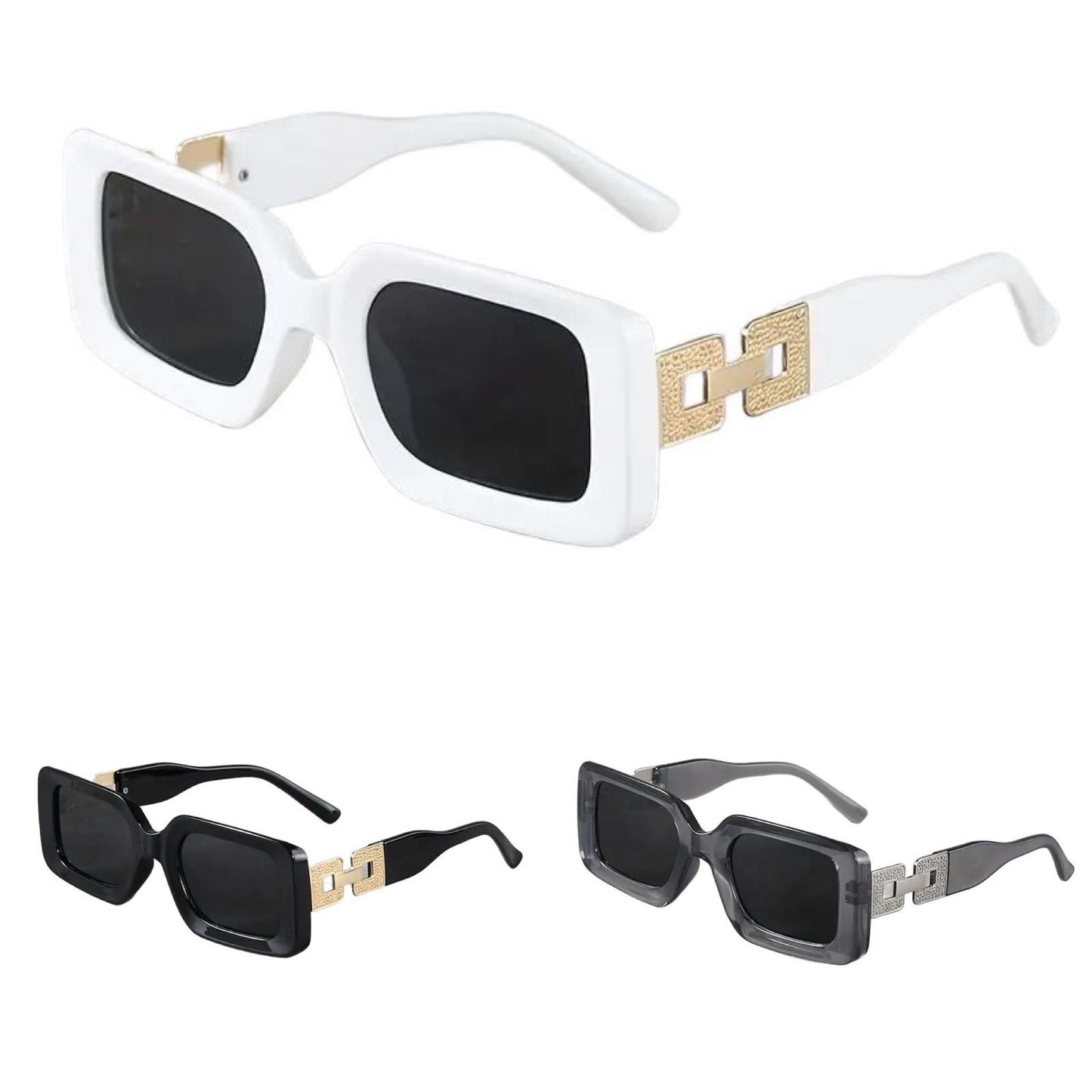 Square Fashion Sunglasses, Gold Chain Accent, UV Protection, 3 Colors, Available in White, Black, Grey