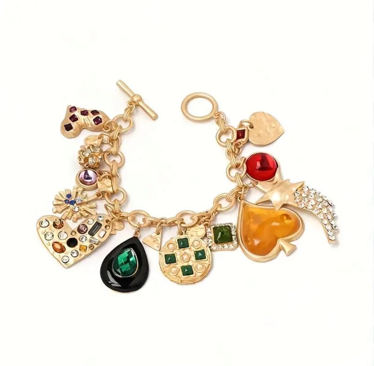 Chunky Multi-Pendant Vintage Boho Charm Bracelet with Rhinestone Accents