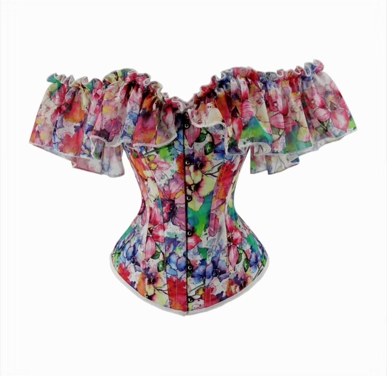 Floral Print Off-Shoulder Corset Top, Ruffled Sleeves, Multicolor