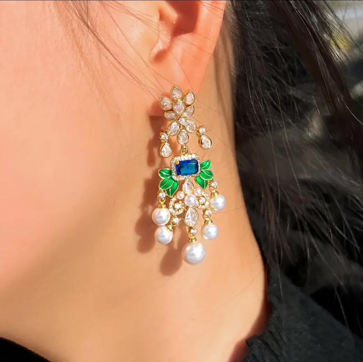 Luxury Banquet Style Crystals and Pearl Chandelier Earrings