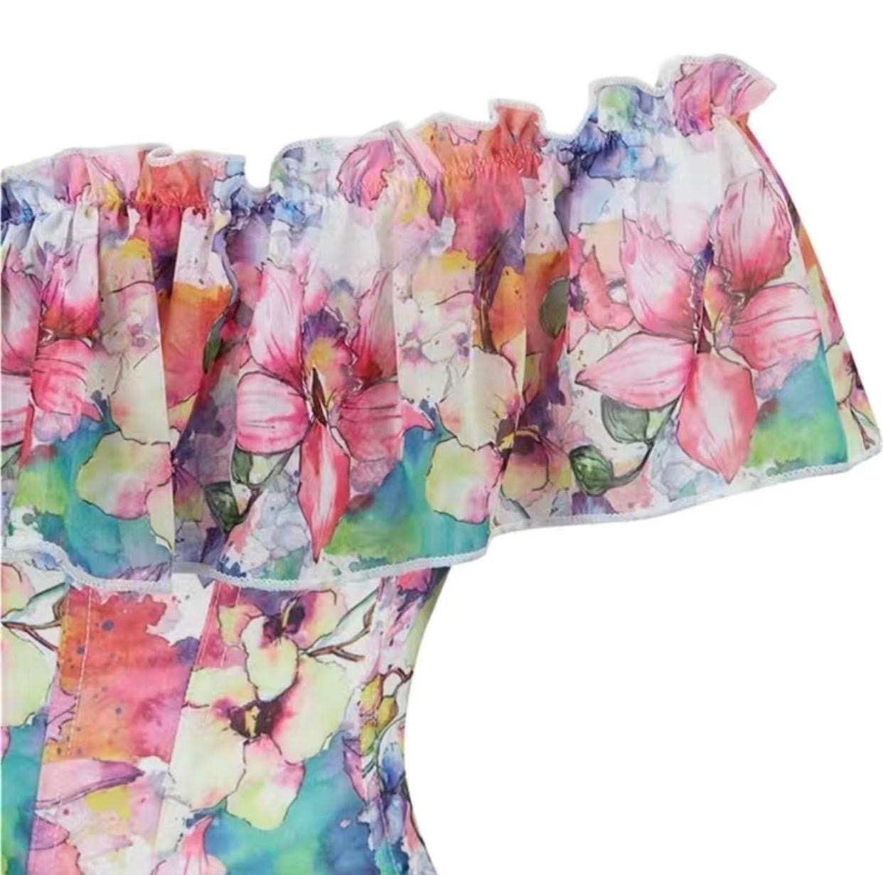 Floral Print Off-Shoulder Corset Top, Ruffled Sleeves, Multicolor