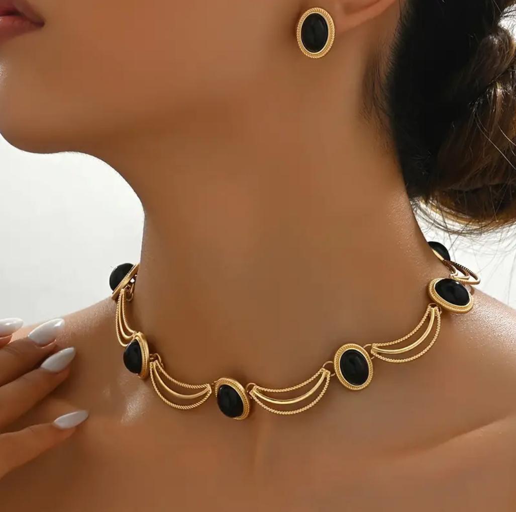 Vintage Style Gold-Plated Necklace and Earrings Set, Black Glass Oval Stones, Boho Design