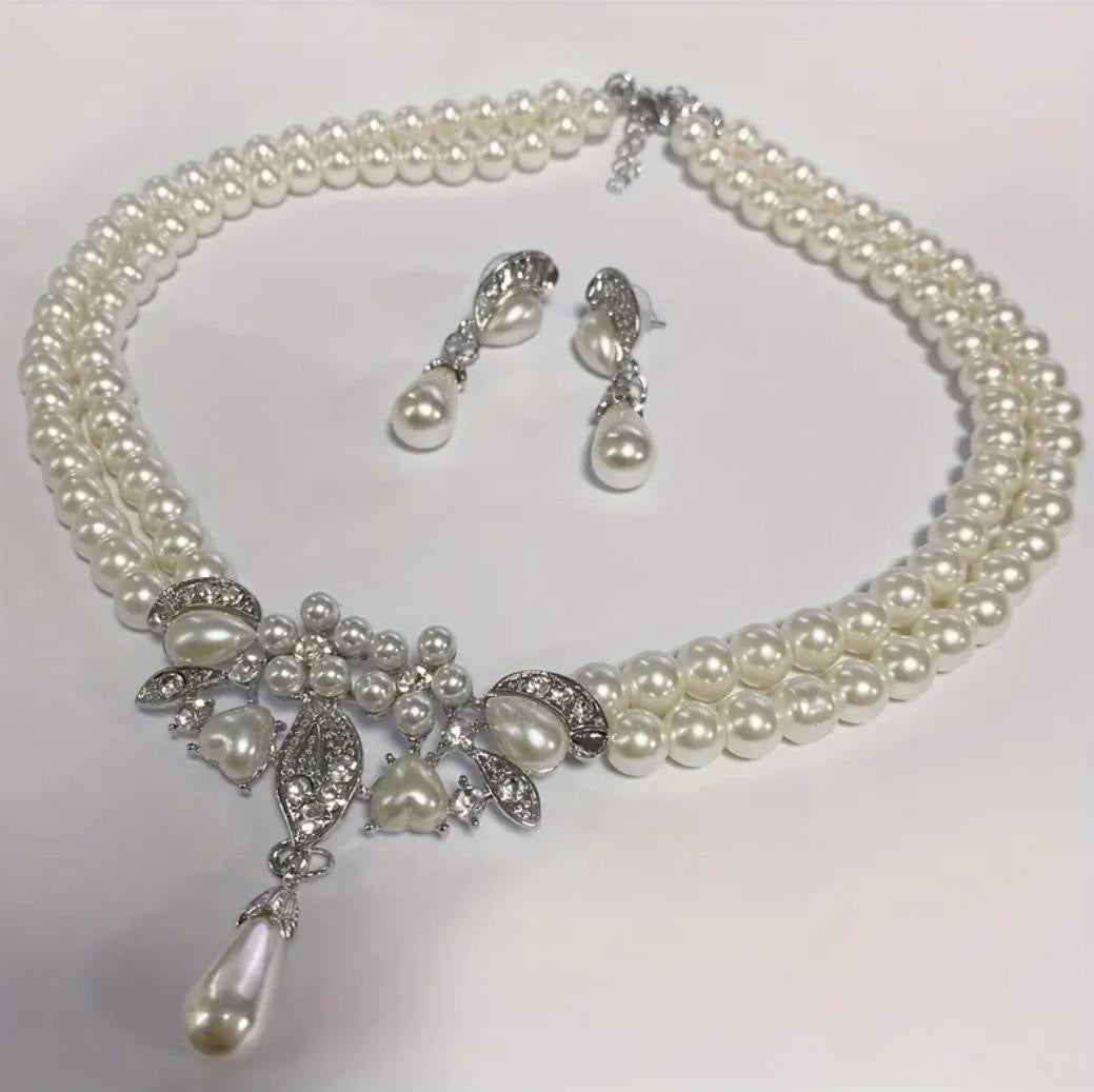 Faux Pearl Pendant Decor Necklace and Earrings Set