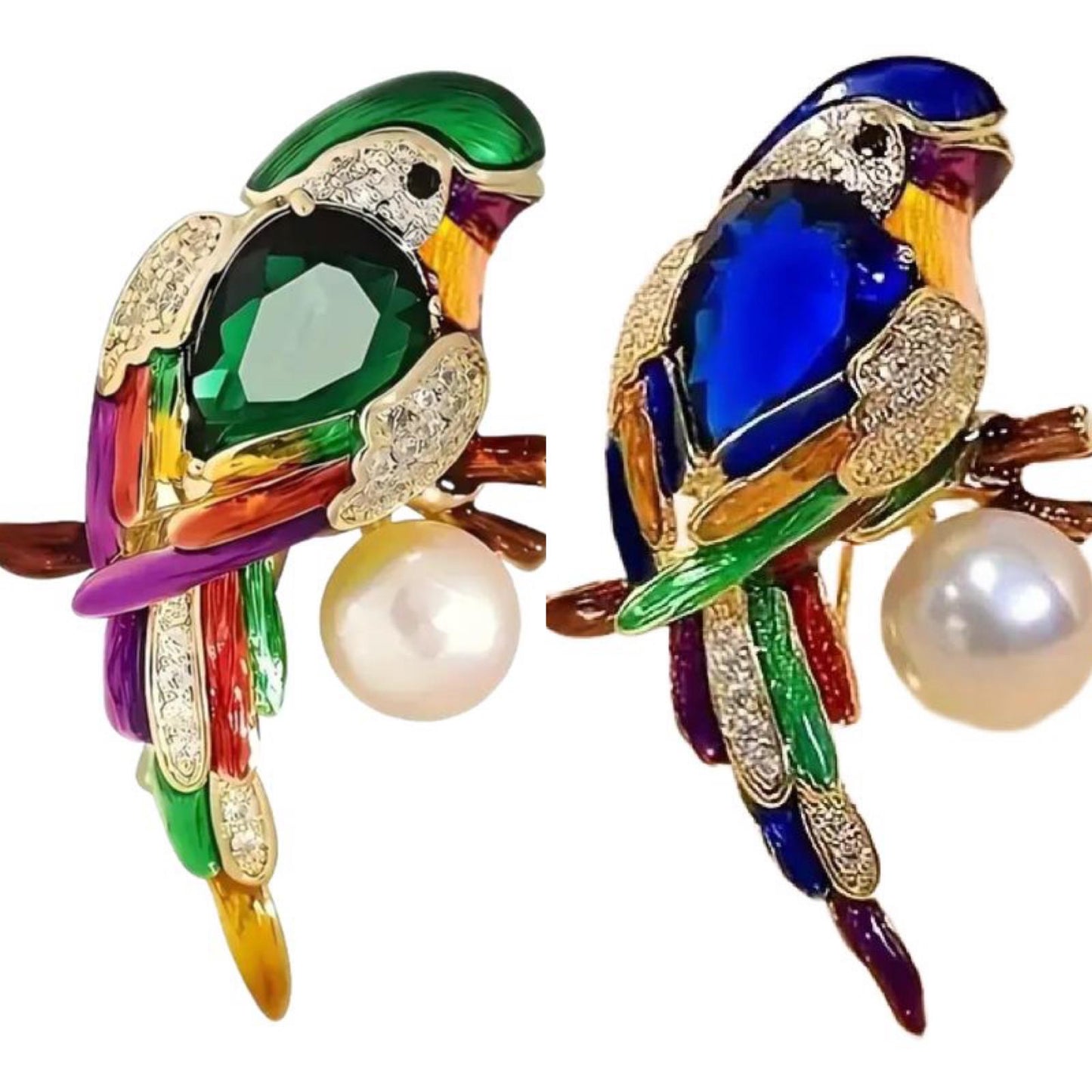 Luxury Parrot Brooch Pin, Rhinestone Crystal with Pearl, Blue and Green Gemstone Bird Design, Gold-Tone
