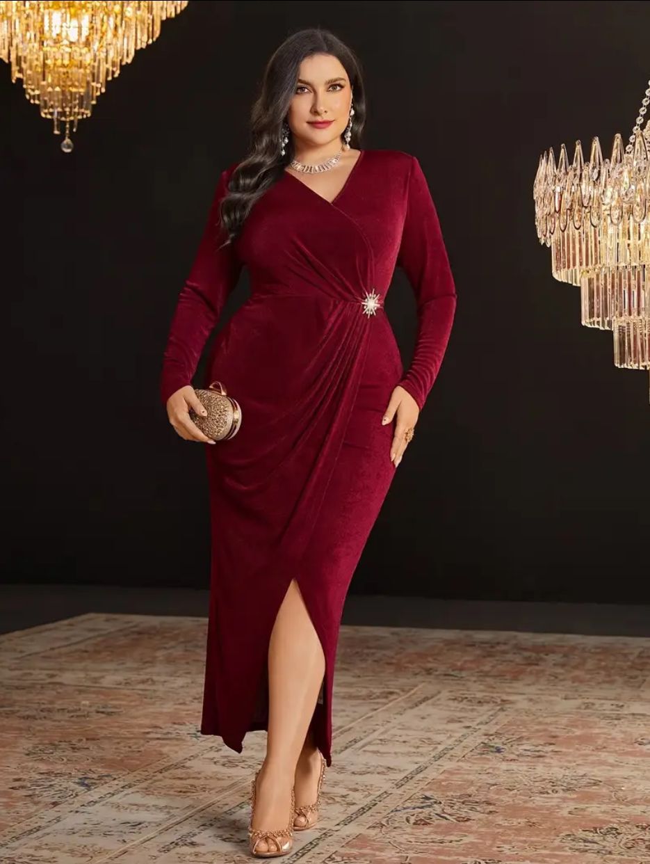 Plus Size Red Longsleeve Rouched Wrap Dress with Brooch