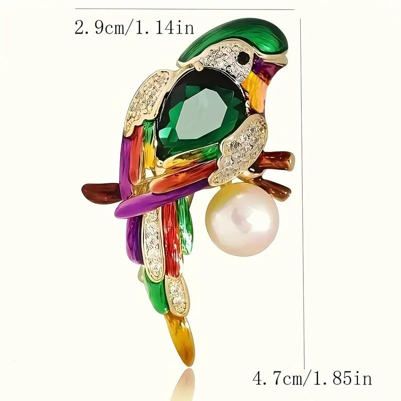 Luxury Parrot Brooch Pin, Rhinestone Crystal with Pearl, Blue and Green Gemstone Bird Design, Gold-Tone