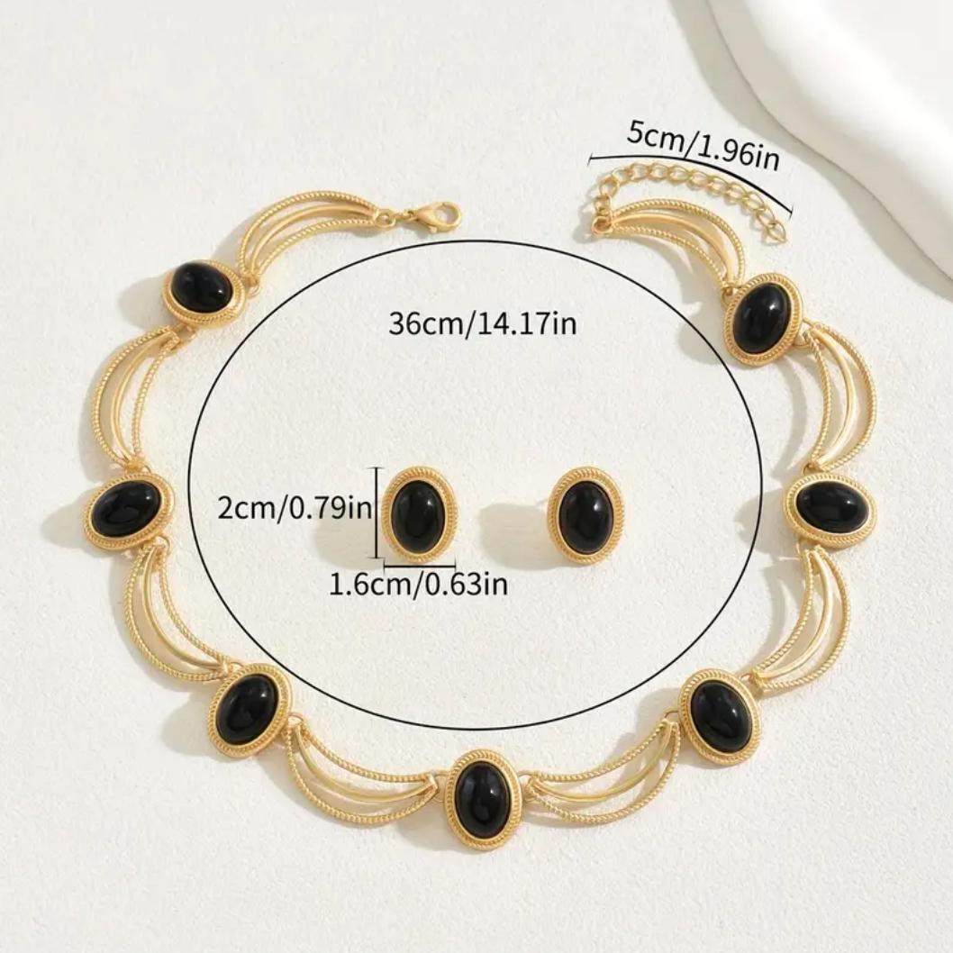 Vintage Style Gold-Plated Necklace and Earrings Set, Black Glass Oval Stones, Boho Design