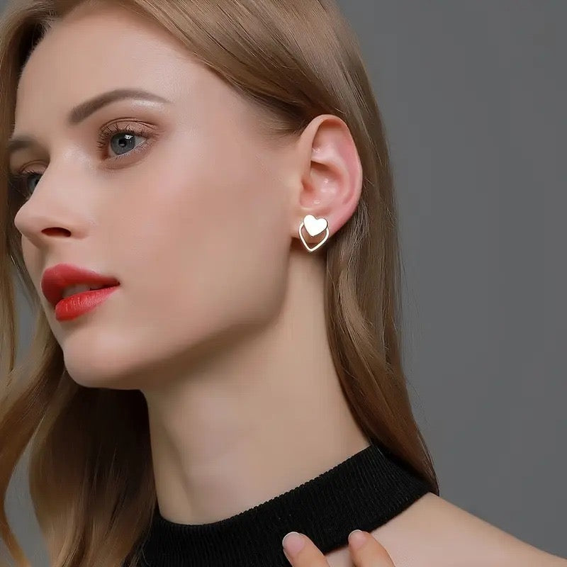 Double Heart Stud Earrings, Silver Plated, Layered Design
