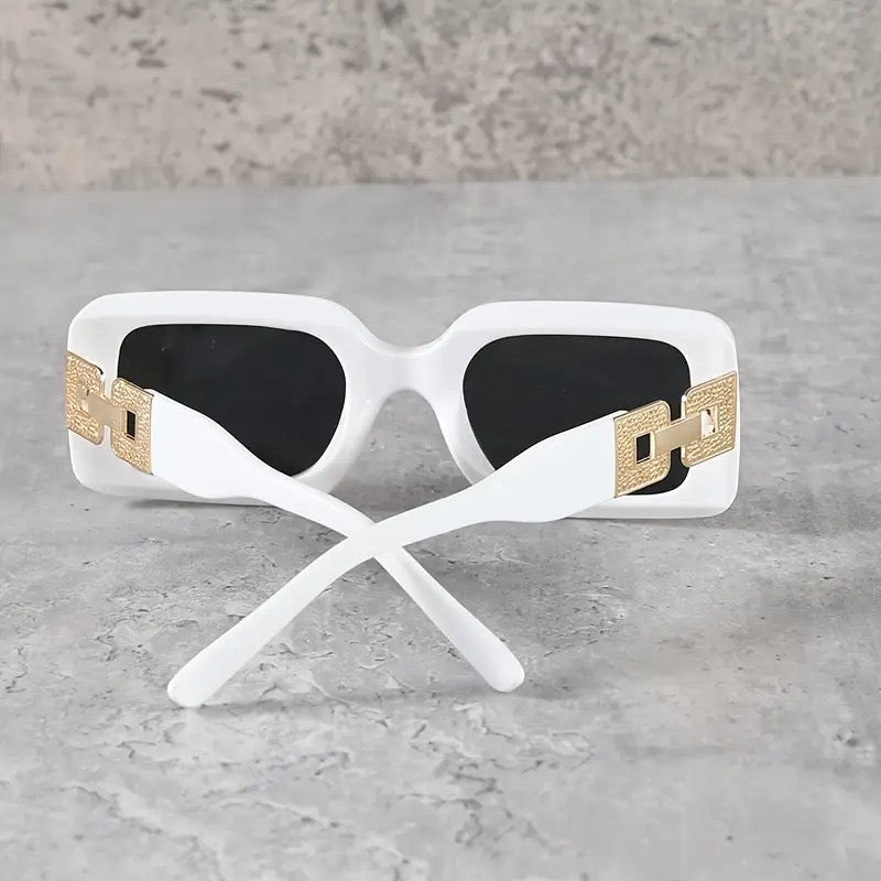 Square Fashion Sunglasses, Gold Chain Accent, UV Protection, 3 Colors, Available in White, Black, Grey