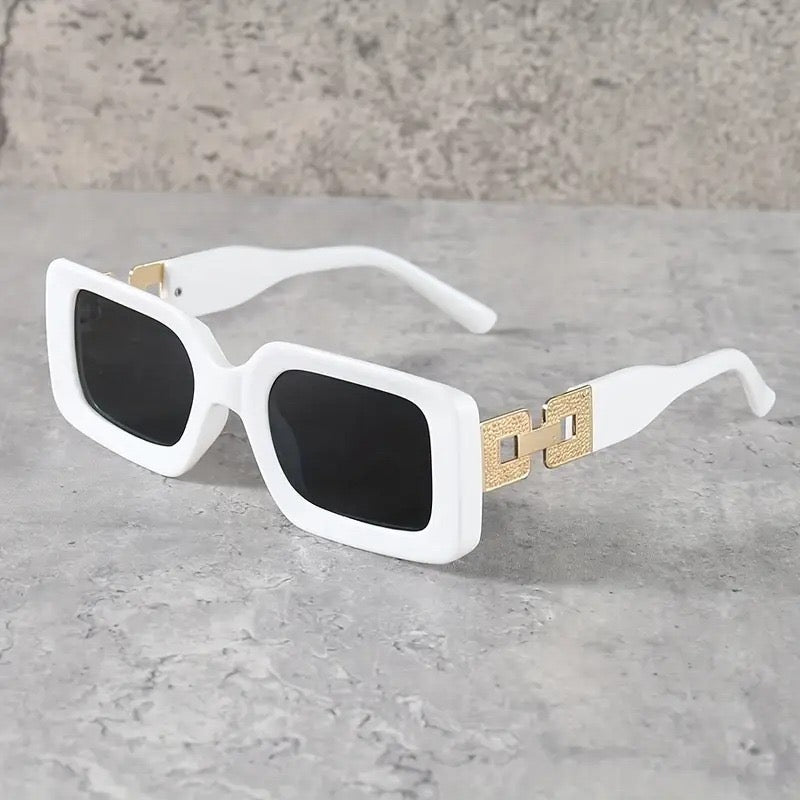 Square Fashion Sunglasses, Gold Chain Accent, UV Protection, 3 Colors, Available in White, Black, Grey