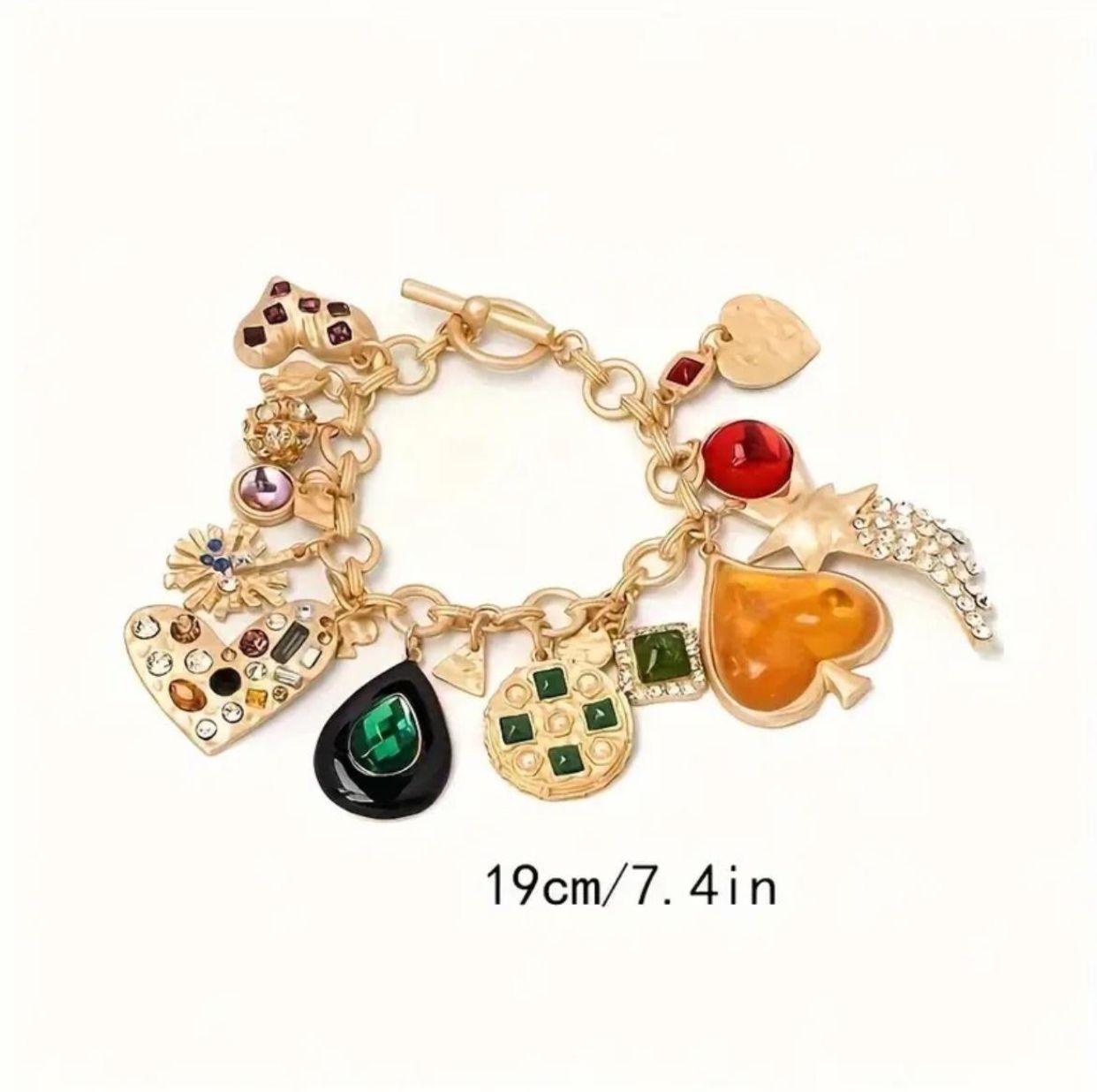 Chunky Multi-Pendant Vintage Boho Charm Bracelet with Rhinestone Accents