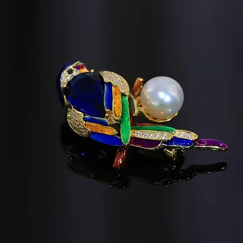 Luxury Parrot Brooch Pin, Rhinestone Crystal with Pearl, Blue and Green Gemstone Bird Design, Gold-Tone