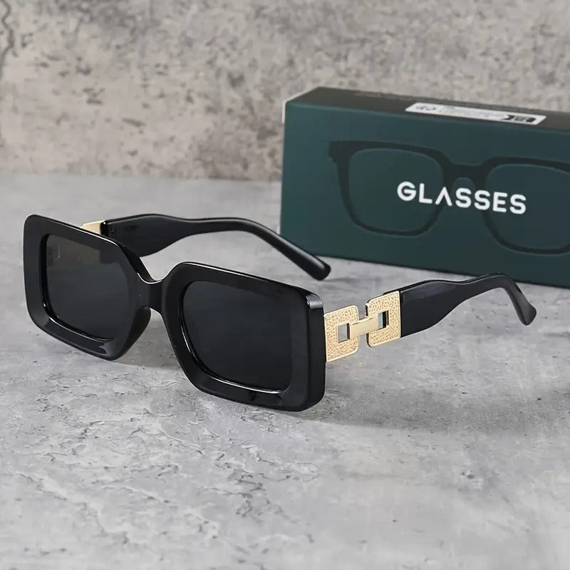 Square Fashion Sunglasses, Gold Chain Accent, UV Protection, 3 Colors, Available in White, Black, Grey