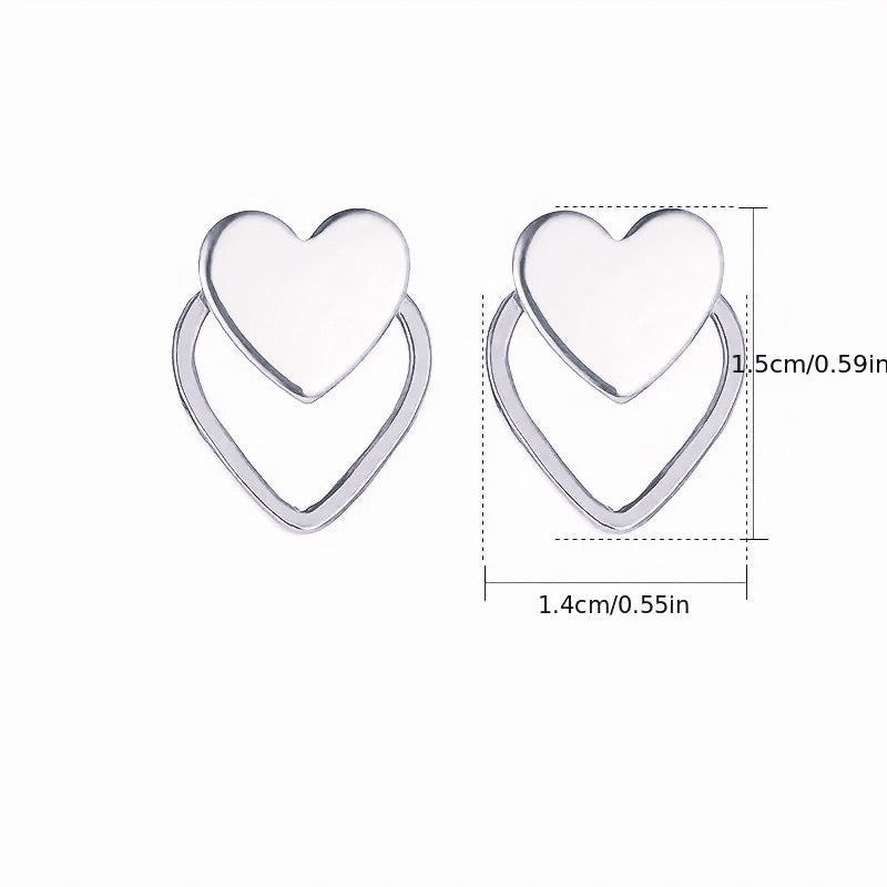 Double Heart Stud Earrings, Silver Plated, Layered Design