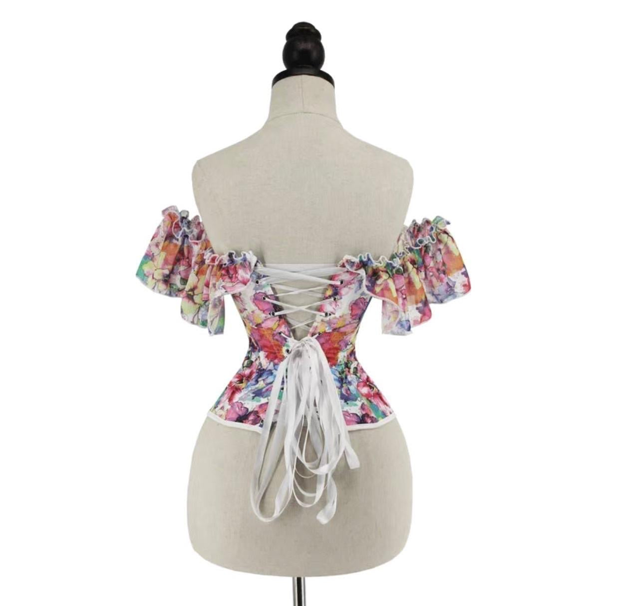 Floral Print Off-Shoulder Corset Top, Ruffled Sleeves, Multicolor