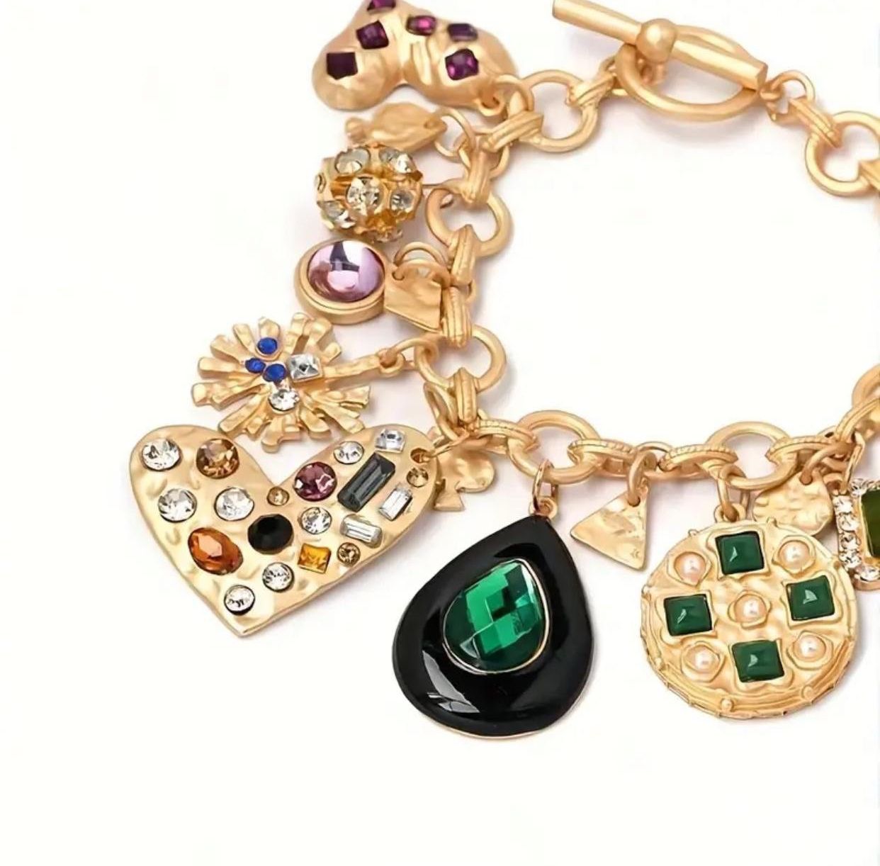 Chunky Multi-Pendant Vintage Boho Charm Bracelet with Rhinestone Accents
