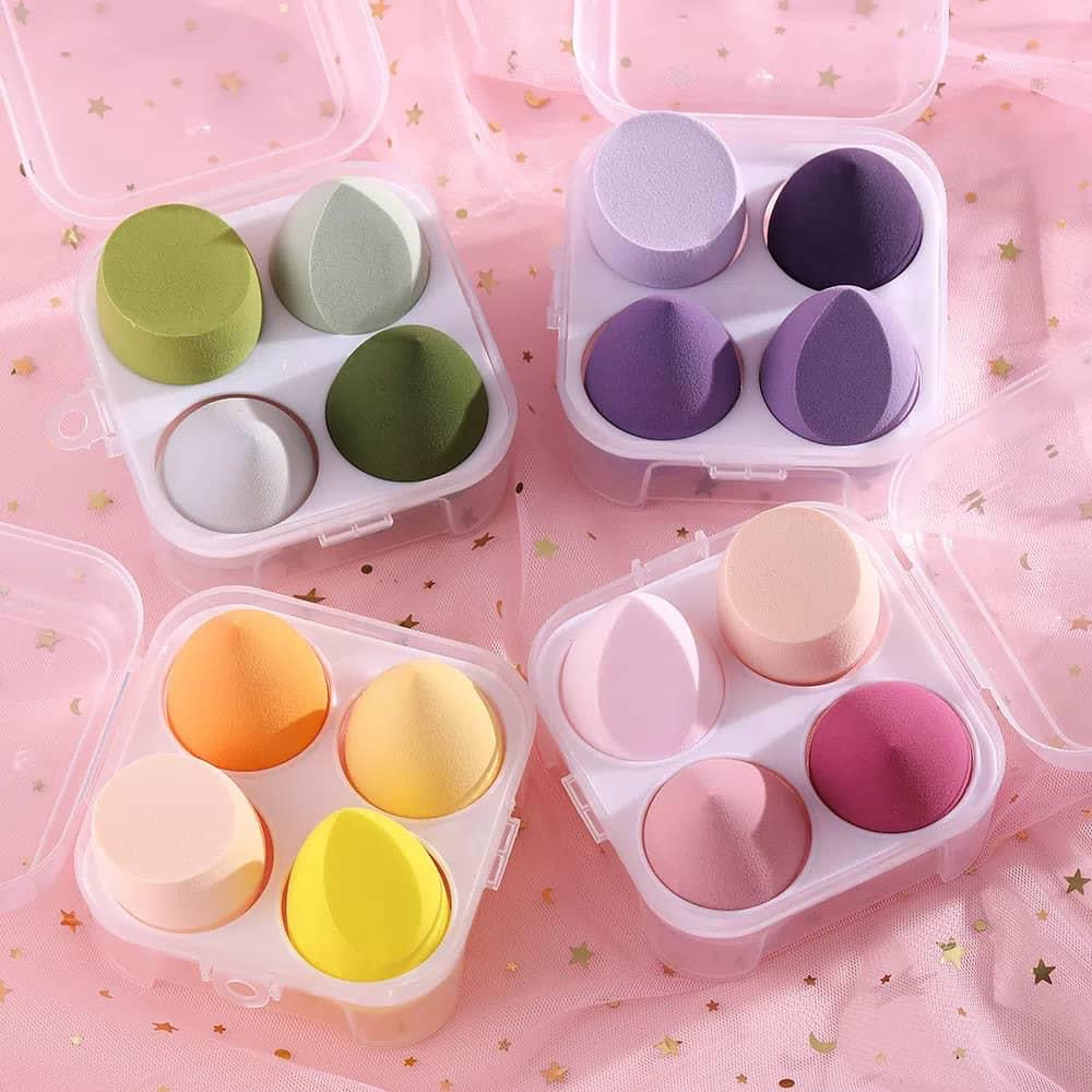 Makeup Sponge Beauty Blender Set, 4 Air Cushion Puffs with Clear Storage Case, Purple, Pink, Green, Yellow