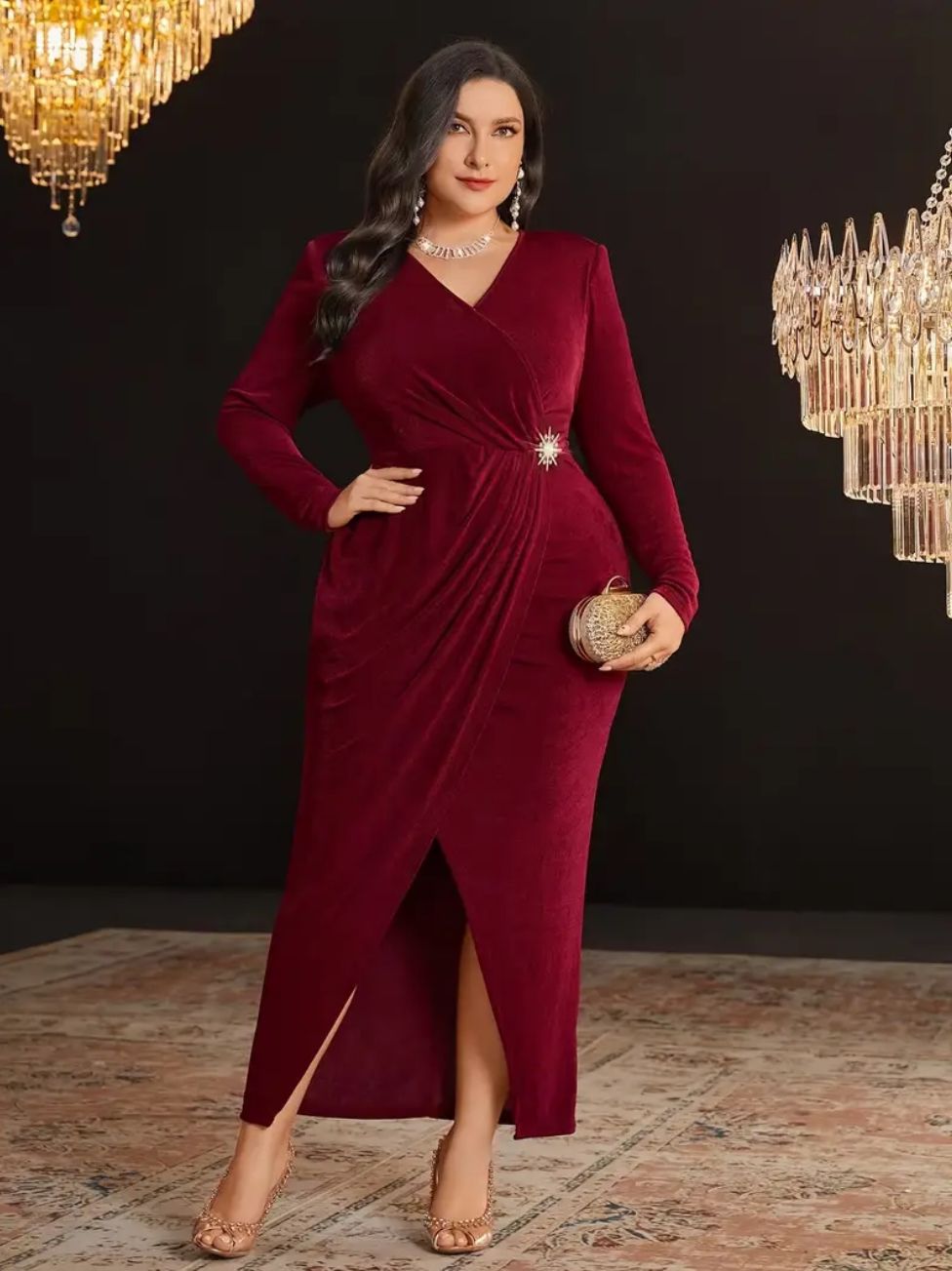 Plus Size Red Longsleeve Rouched Wrap Dress with Brooch