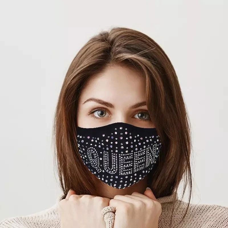 Luxury Rhinestone Inscribed Fashionable, Washable, Reusable Protective Bling Face Masks with Adjustable Ear Loops