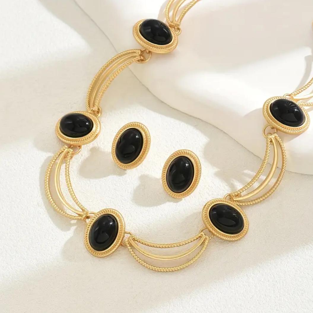 Vintage Style Gold-Plated Necklace and Earrings Set, Black Glass Oval Stones, Boho Design