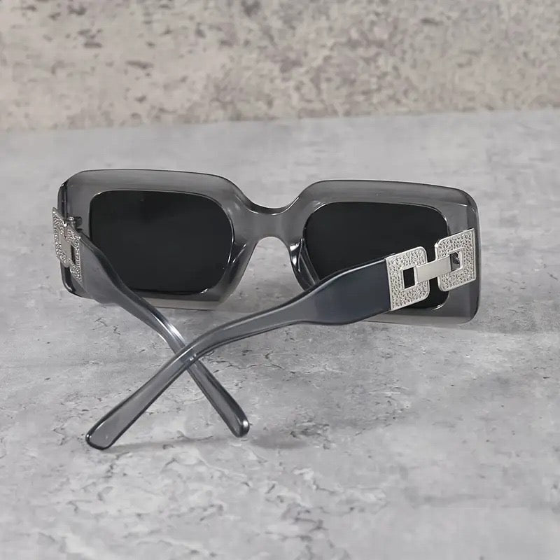Square Fashion Sunglasses, Gold Chain Accent, UV Protection, 3 Colors, Available in White, Black, Grey