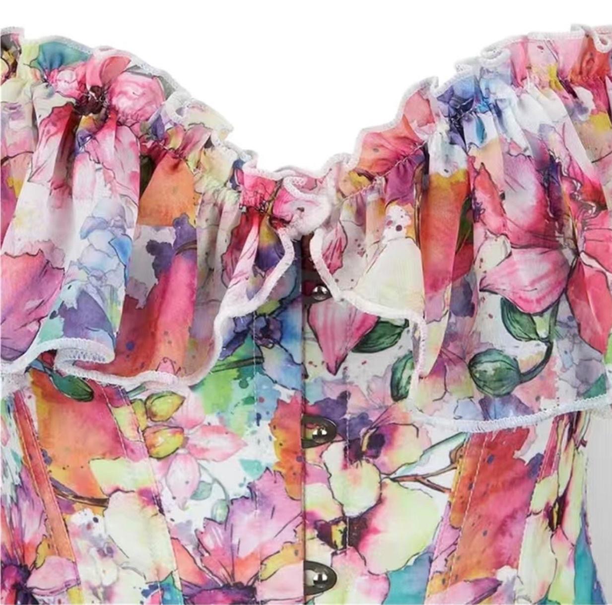 Floral Print Off-Shoulder Corset Top, Ruffled Sleeves, Multicolor