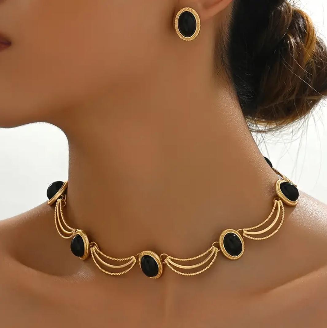 Vintage Style Gold-Plated Necklace and Earrings Set, Black Glass Oval Stones, Boho Design