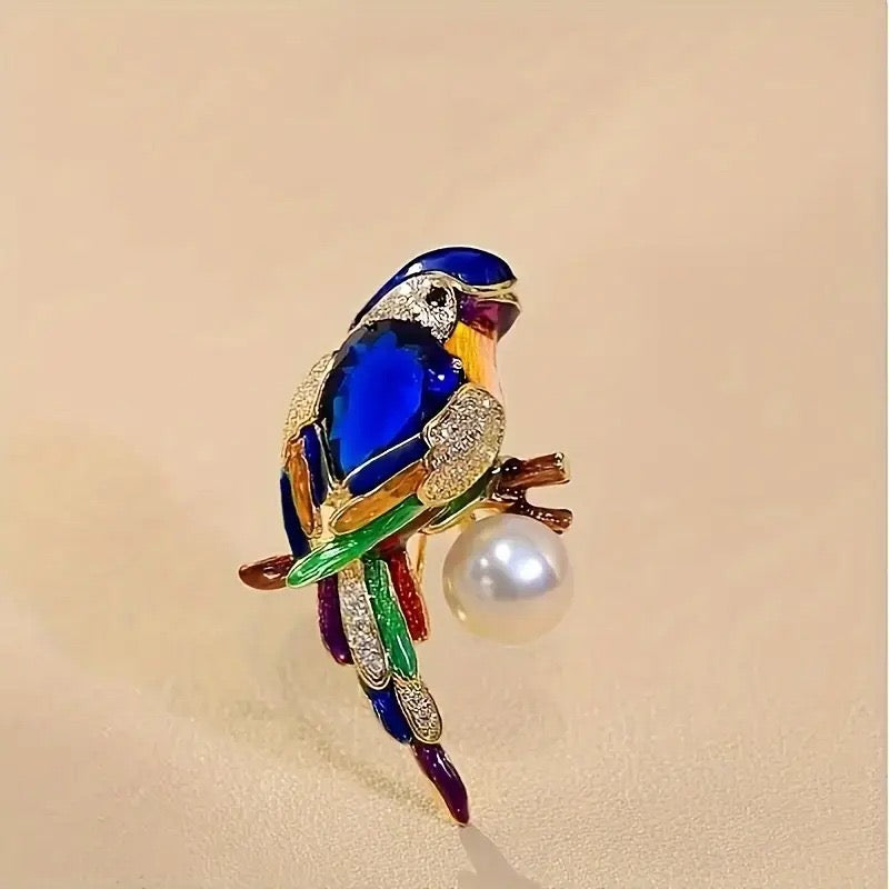 Luxury Parrot Brooch Pin, Rhinestone Crystal with Pearl, Blue and Green Gemstone Bird Design, Gold-Tone