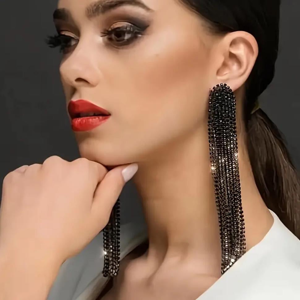 Versatile Long Tassel Earrings with Full Rhinestones