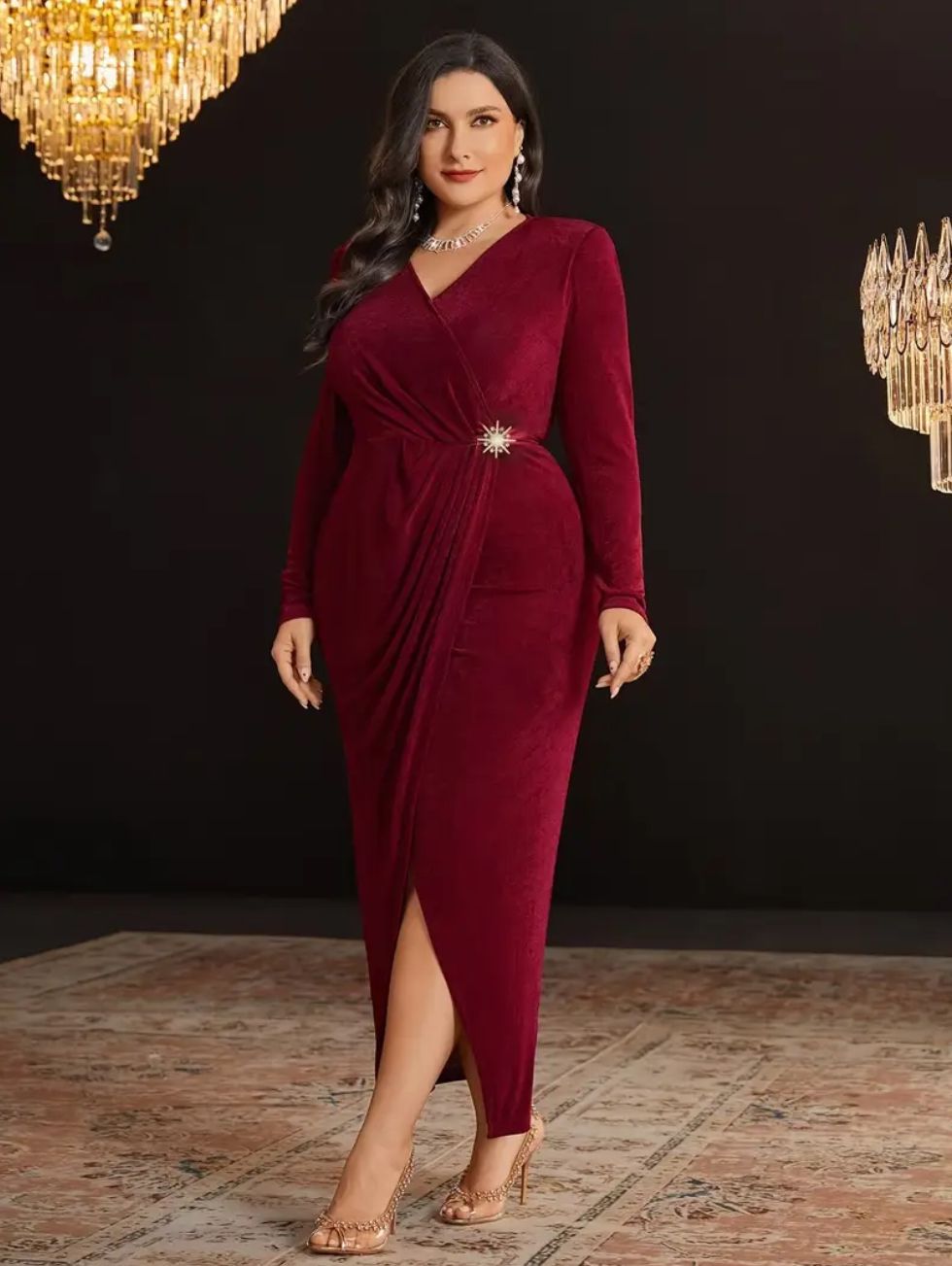Plus Size Red Longsleeve Rouched Wrap Dress with Brooch