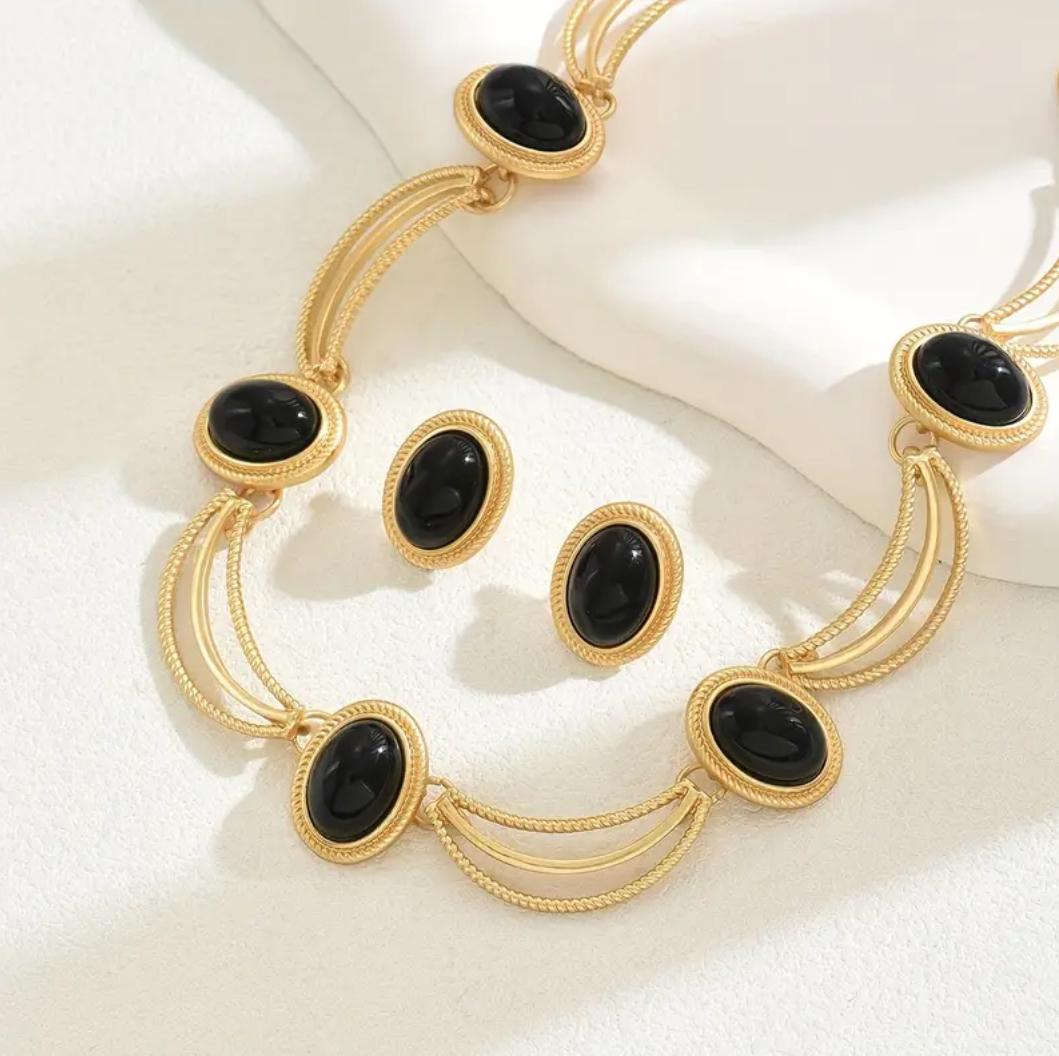 Vintage Style Gold-Plated Necklace and Earrings Set, Black Glass Oval Stones, Boho Design