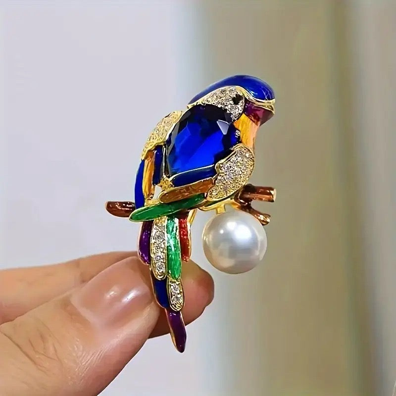 Luxury Parrot Brooch Pin, Rhinestone Crystal with Pearl, Blue and Green Gemstone Bird Design, Gold-Tone