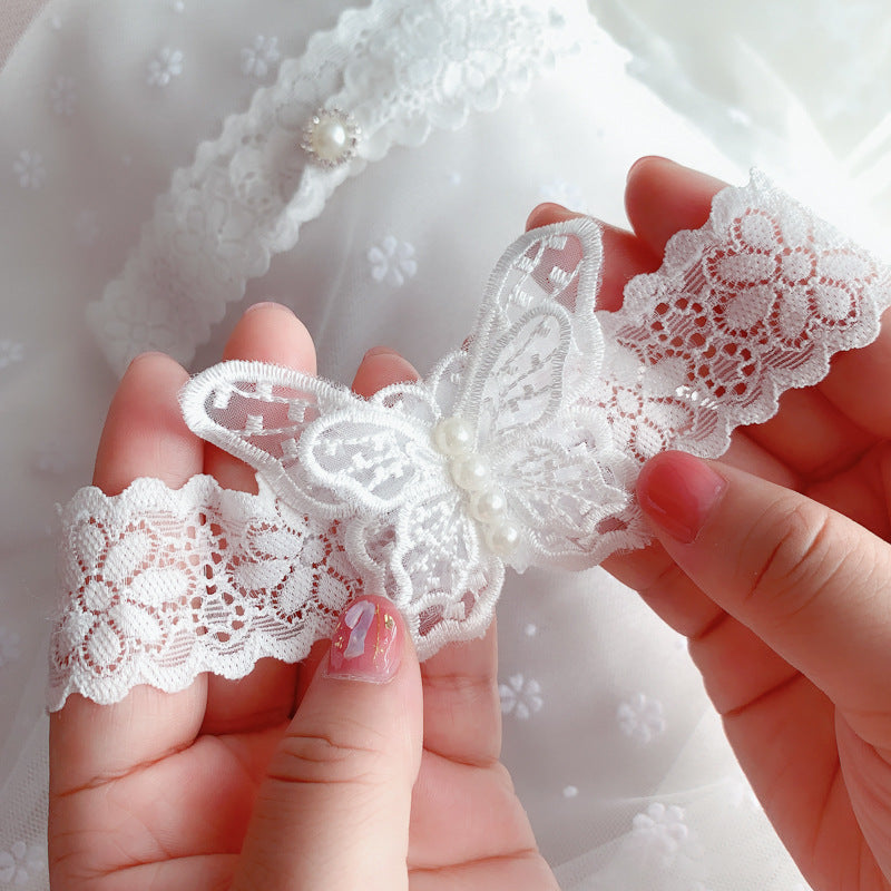 Stretch Lace Bridal Butterfly Garter Set with Pearl Brooch