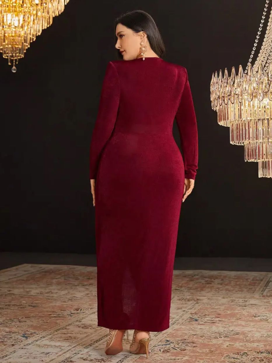 Plus Size Red Longsleeve Rouched Wrap Dress with Brooch