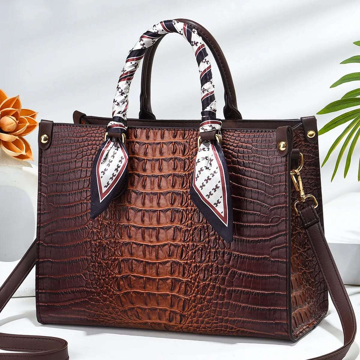 Trendy Structured Croc Pattern Faux Leather Handbag