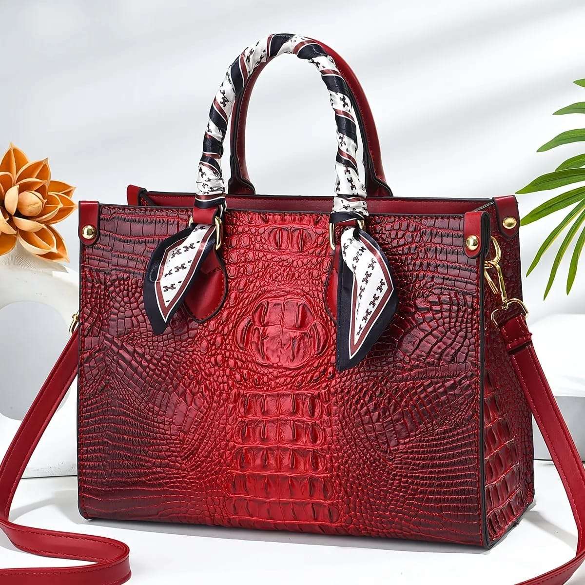 Trendy Structured Croc Pattern Faux Leather Handbag