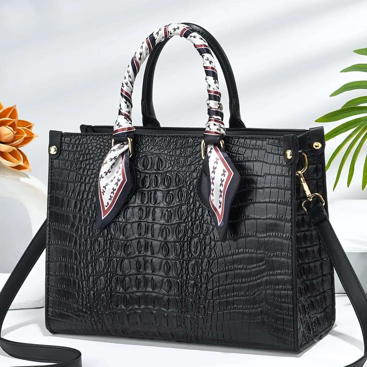 Trendy Structured Croc Pattern Faux Leather Handbag