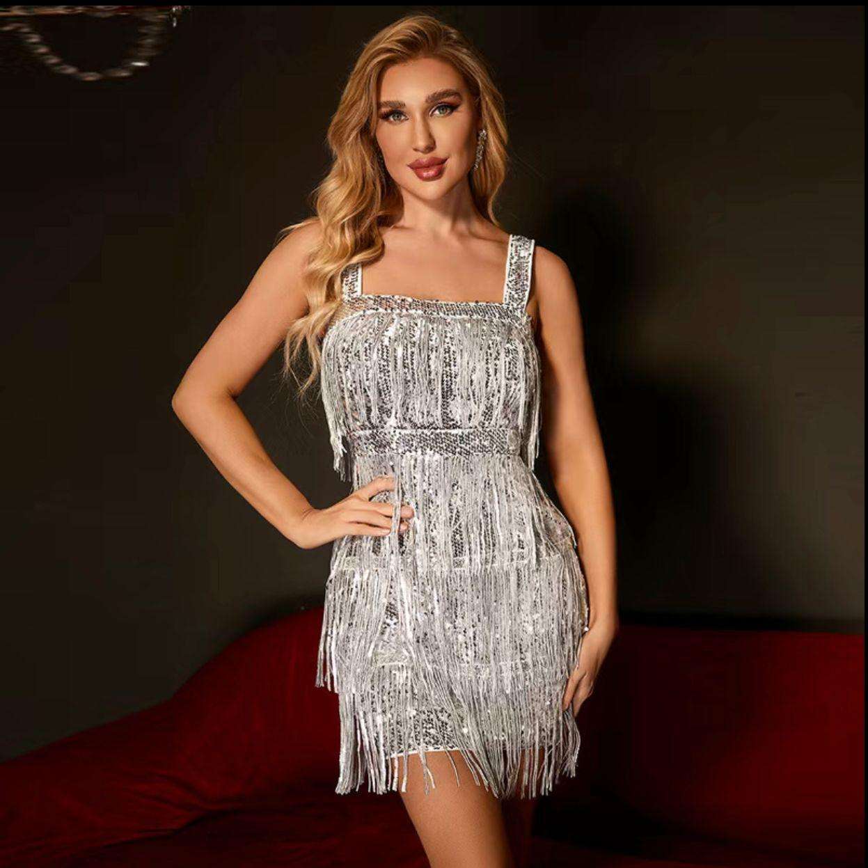 Silver Sequins & Tassels Cami Mini Dress